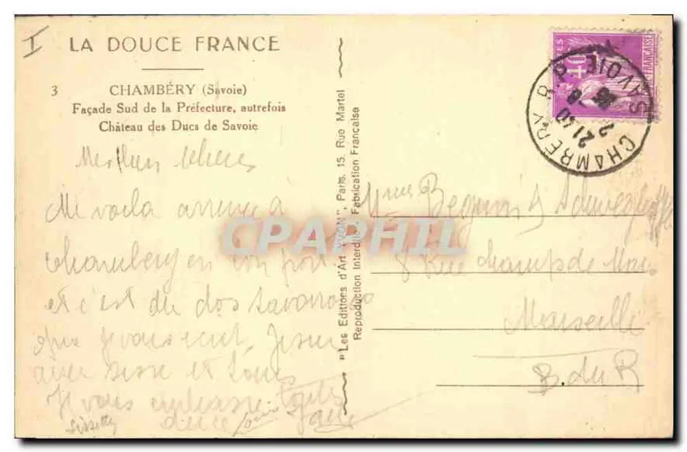 Chambéry — Fachada Sul da Prefeitura, outrora Castelo dos Duques de Saboia — Les Éditeurs d'Art Martel - Verso