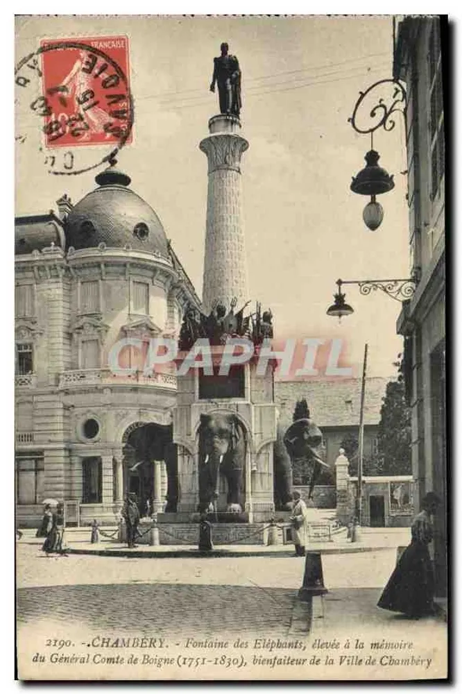Chambéry — Fontaine dos Elefantes, erguida em memória do General Conde de Boigne (1751-1830), benfeitor da Cidade de Chambéry — Editor: Léonard, Chambéry - Frente