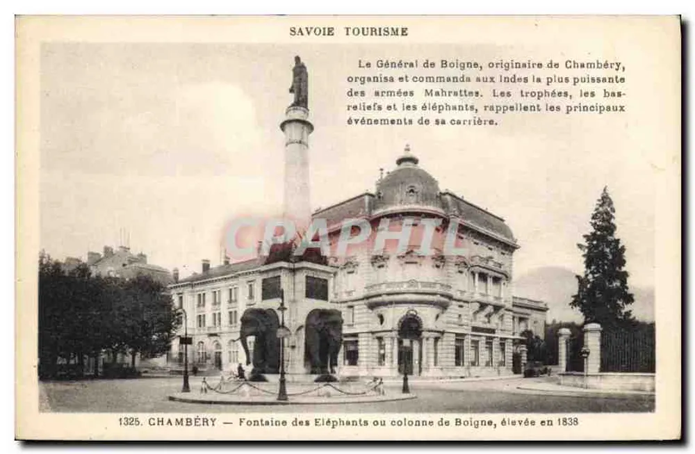 Chambéry — Fontaine des Éléphants oder Boigne-Säule, errichtet 1838 — Savoie Tourisme - Vorderseite