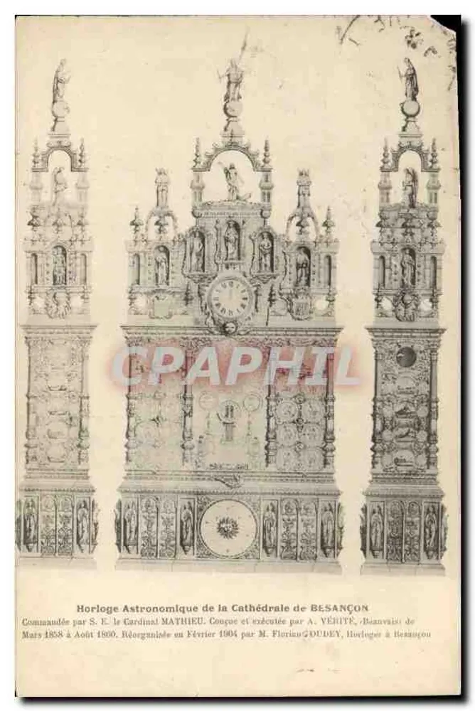 Horloge Astronomique de la Cathédrale de Besançon — dessin détaillé de l'horloge avec statues et cadran — éditeur imprimeur non visible, n° de série non lisible - Vorderseite