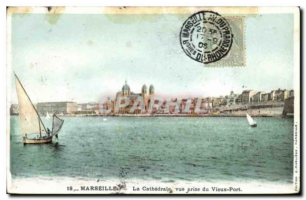 Marseille — Ansicht der Kathedrale vom Vieux-Port — Edition C. Malrière, n°18 - Vorderseite