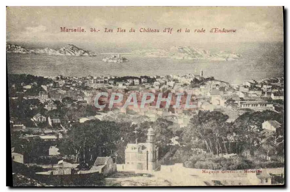 Marseille. 34.- Les Îles du Château d'If et la rade d'Endoume — Magasin Géottil - Marseille - Recto