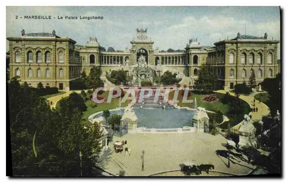 Marseille - O Palácio Longchamp — vista do jardim com fonte e edifícios - Frente