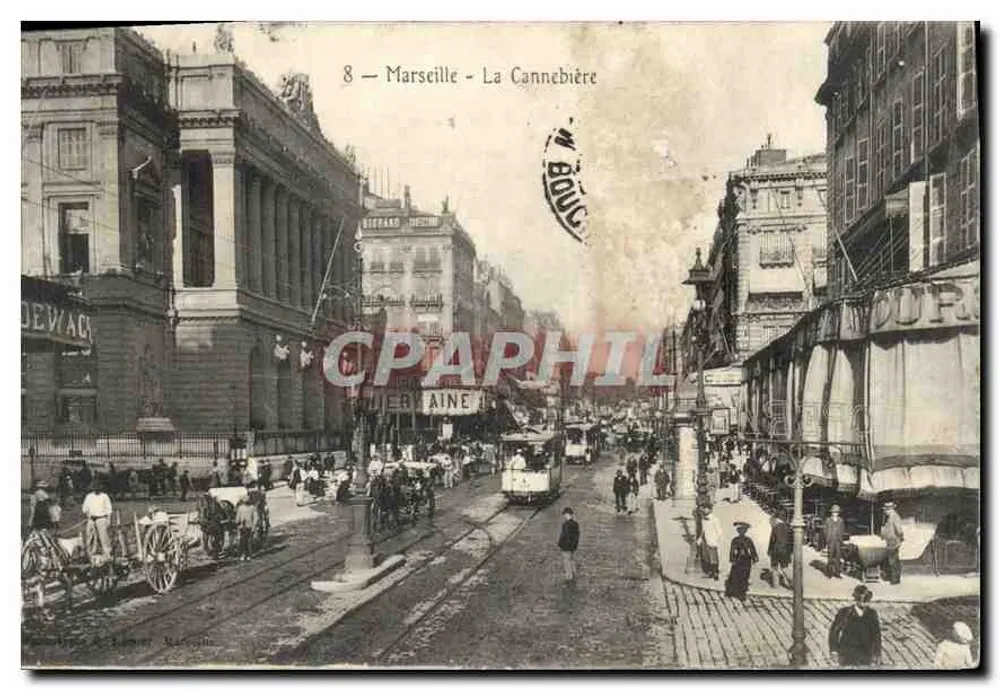 Marseille - La Cannebière — vista de rua animada com trem e edifícios comerciais — editor A. Lamer, Marseille, n°8 - Frente