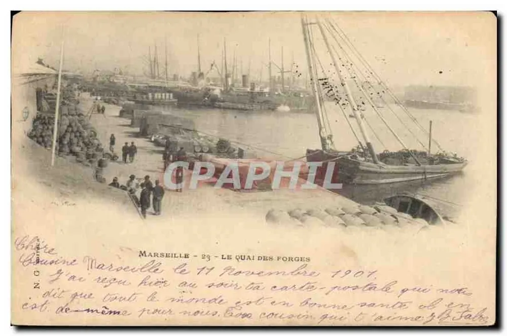 Marseille - 23 - O Quai das Forjas — vista portuária com barcos e cais, editor N.G. Géret - Frente