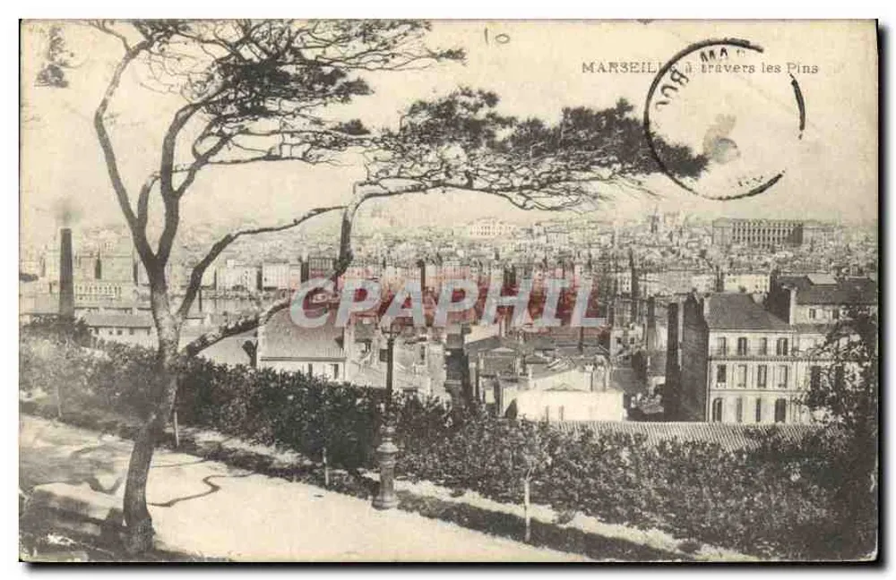MARSEILLE — Vista através dos Pins — Bilhete postal antigo N° 10 - Frente