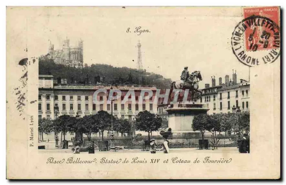 Place Bellecour — Statue von Louis XIV und Coteau de Fourvière — P. Marret Lyon, n°8 - Vorderseite
