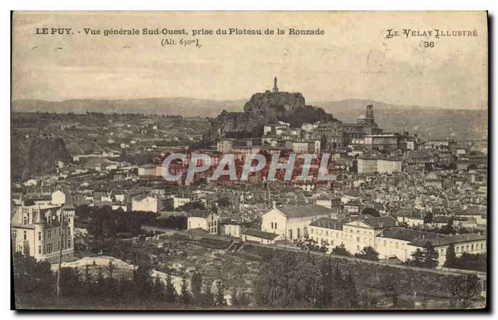 Le Puy — Allgemeiner Blick Südwesten, aufgenommen vom Plateau de la Ronzade (Höhe 630m) — Verlag Le Velay Illustré, Nr. 36 - Vorderseite