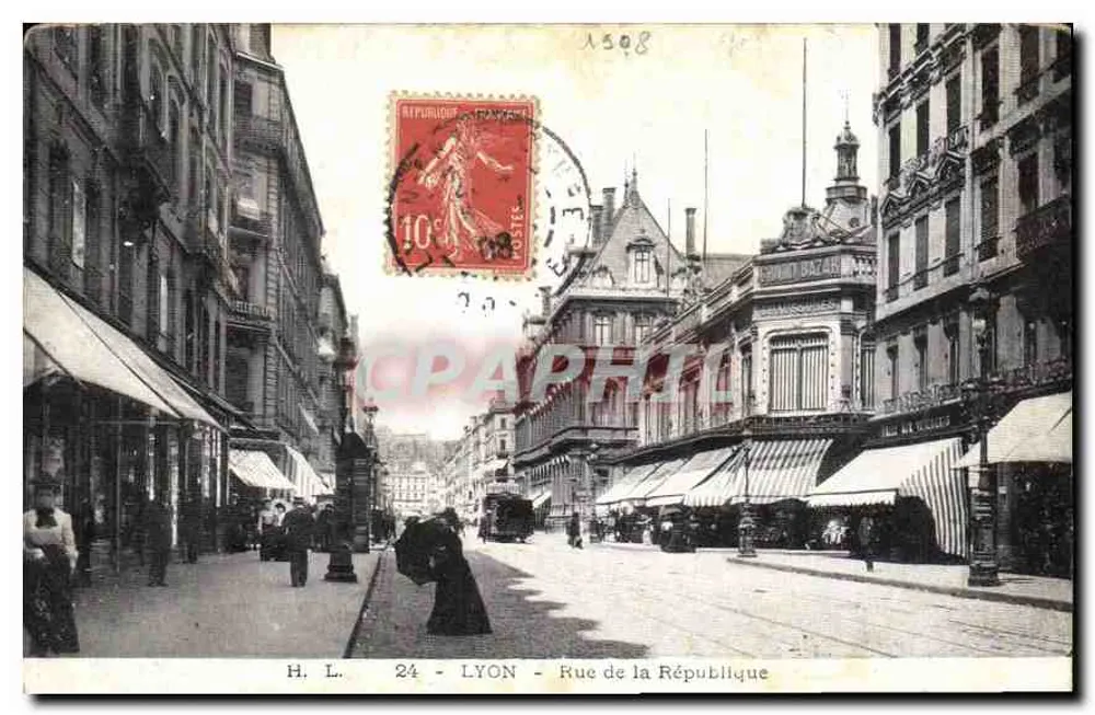 LYON - Rue de la République — H. L., n°24 — selo 10c vermelho République - Frente