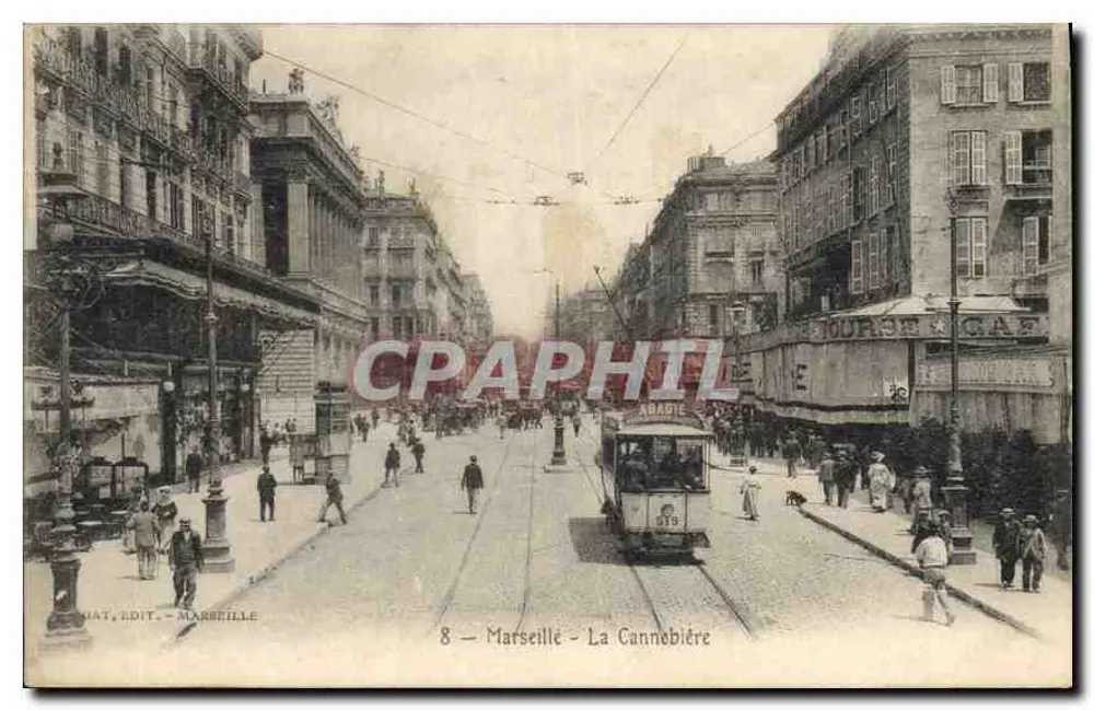 Marselha - La Cannebière — vista da rua com trem — editor MAT, EDIT - MARSEILLE, n°8 - Frente
