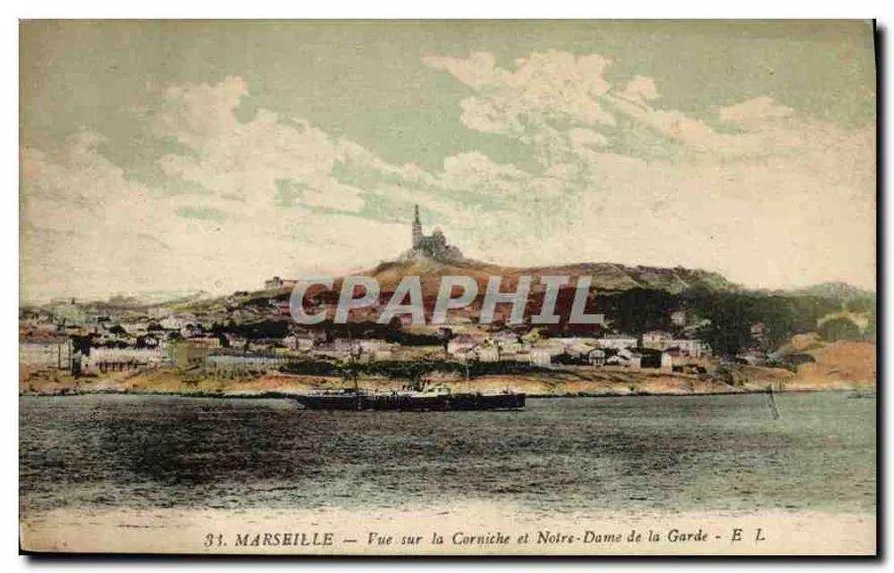 Marseille — Ansicht der Corniche und Notre-Dame de la Garde — E. L. - Vorderseite