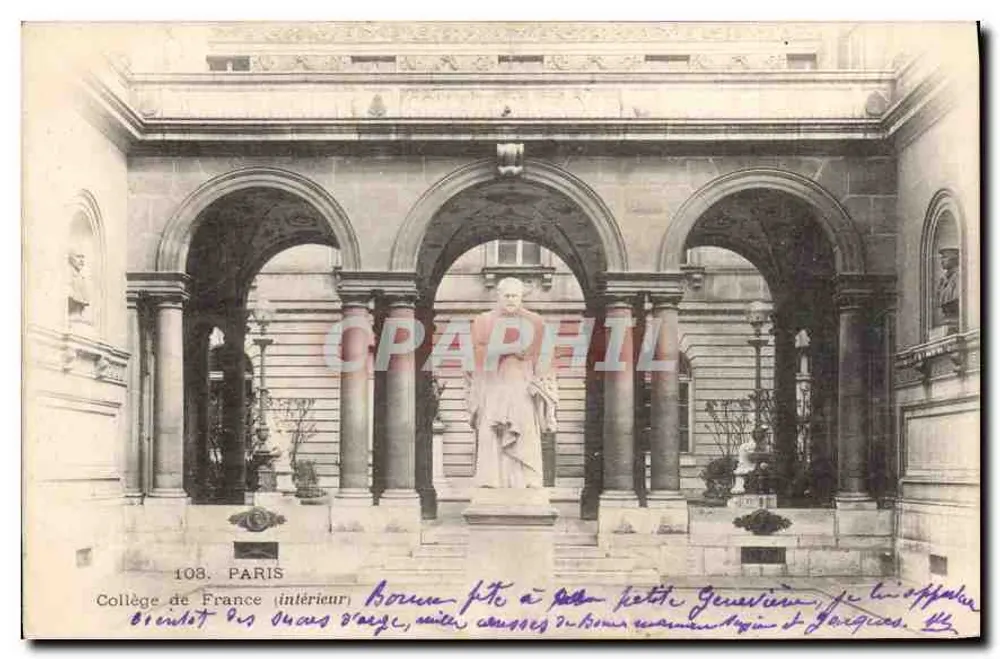 Colégio da França (interior) — vista da praça com estátua — editor Paris, n° 108 - Frente
