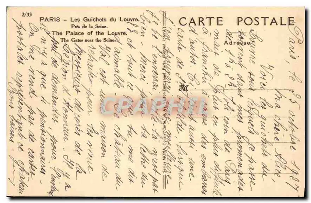 Paris - Die Tore des Louvre — Nahe der Seine — Verlag Mang, Nr. 2/33 - Rückseite