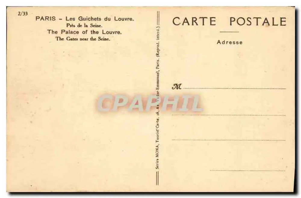 Paris - Die Louvre-Tore — Nahe der Seine — Serie MONA, Verlag Tourist-Carte - Rückseite