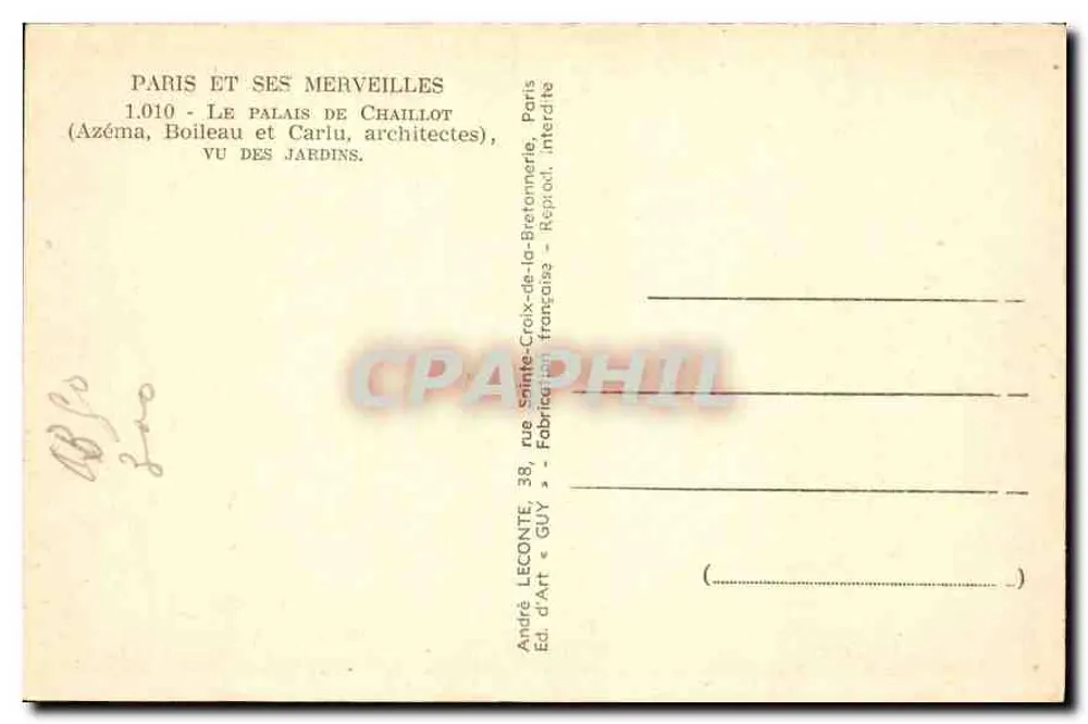 Palast von Chaillot — Ausblick aus den Gärten — Verlag Guy, Nr. 1.010 - Rückseite
