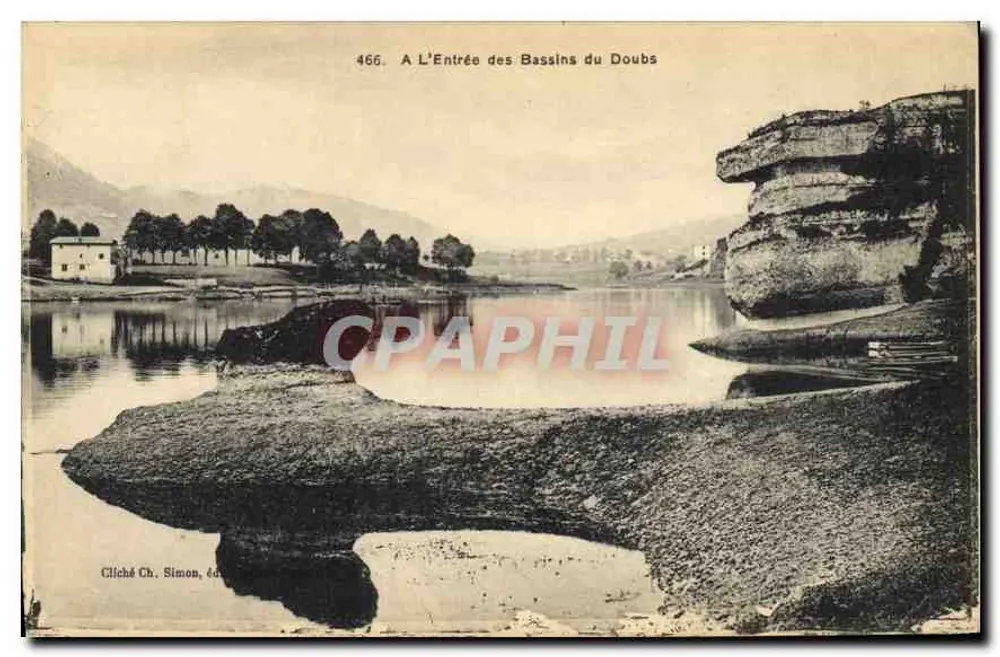 La Entrada de los Lagos del Doubs — vista lacustre con acantilados — Cliché Ch. Simon, edición 466 - Anverso