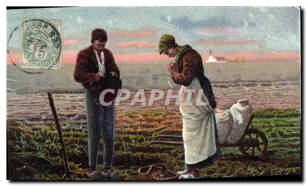 Dois camponeses em um campo — cena de trabalho — editor não identificado - Frente