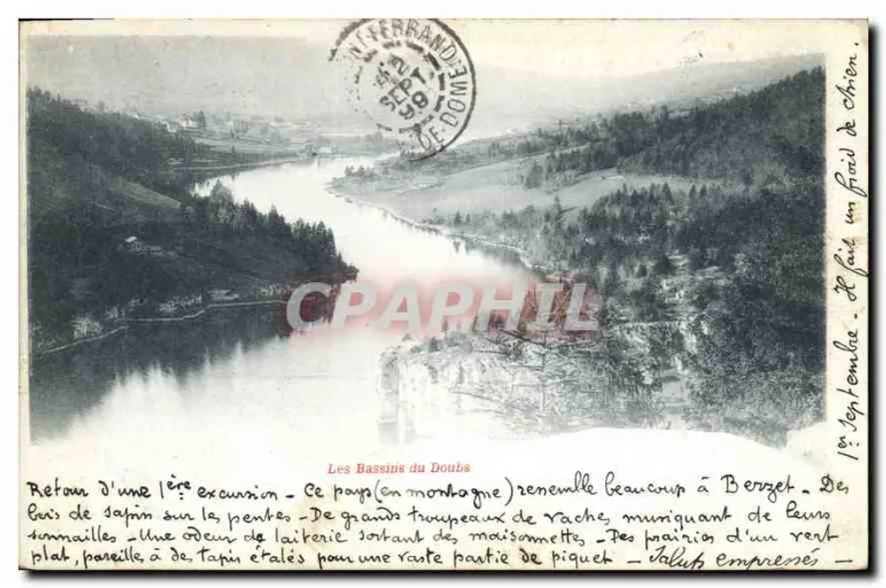 Les Bassins du Doubs — paisagem fluvial com florestas e vilarejos — editor não identificado, número de série não visível - Frente