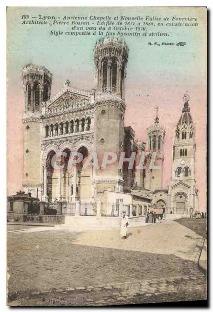 Lyon - Alte Kapelle und neue Kirche von Fourvière - Architekt Pierre Bossan - Errichtet von 1872 bis 1888, Weihe am 8. Oktober 1888. B. F., PARIS - Vorderseite