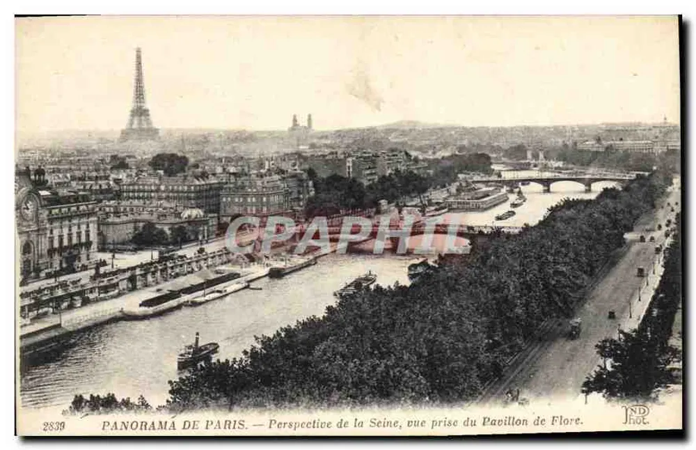 Panorama von Paris — Perspektive der Seine, Aufnahme vom Pavillon de Flore — Imp. Phot. Meulencien et Cie, 34 av. de l'Impr. — n° 2839 - Vorderseite