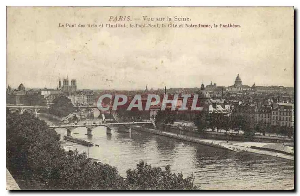 Paris — Vista sobre a Sena. O Ponte dos Artes e o Instituto; o Pont-Neuf, a Cité e Notre-Dame, o Panteão. - Frente
