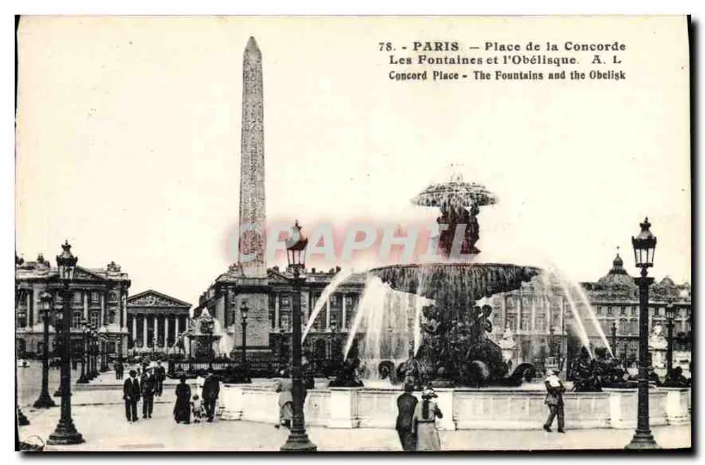Paris — Place de la Concorde — Die Fontänen und der Obelisk — A. L. - Vorderseite