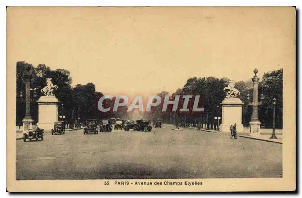 Paris - Avenida dos Campos Elísios — vista da praça da Concorde com veículos — editor F.F. Paris, n° 52 - Frente