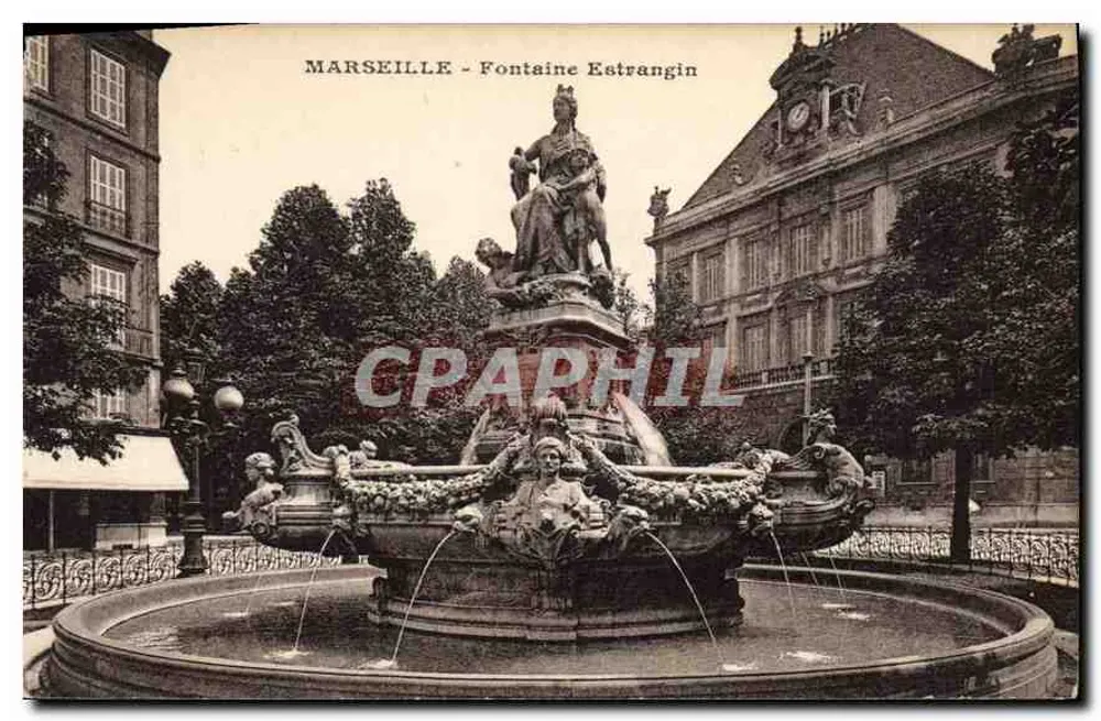 MARSEILLE - Fontaine Estrangin — vista da fonte com estátua central e edifícios circundantes - Frente