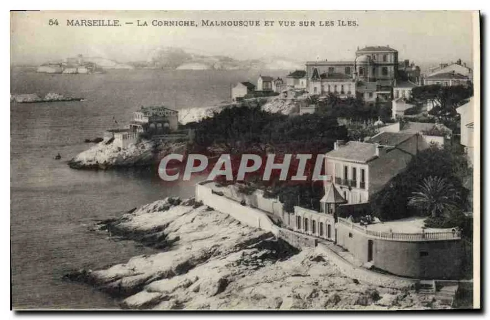 Marseille — Die Corniche, Malmousque und Blick auf die Inseln — unbekannter Verlag, n° 54 - Vorderseite