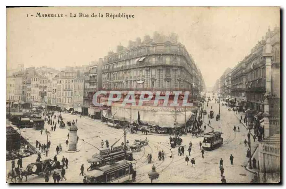 Marselha - A Rue de la République — vista urbana com trem e pedestres — editor não identificado, n° de série 1 - Frente