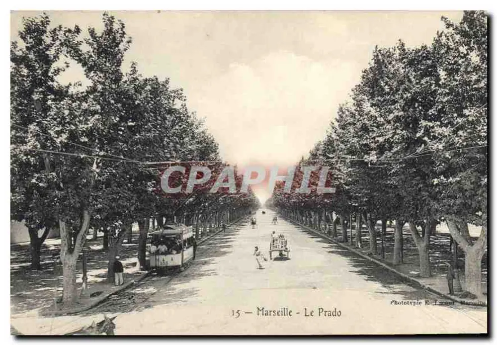 Marselha - O Prado — visão da promenade arborizada com trem — Fototypie F. Luneau, Marselha, n°15 - Frente