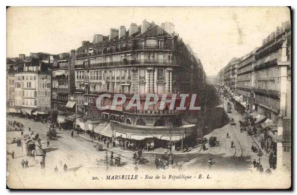 Marselha - Rue de la République — vista do canto com edifício com varandas — E. L. n°20 - Frente