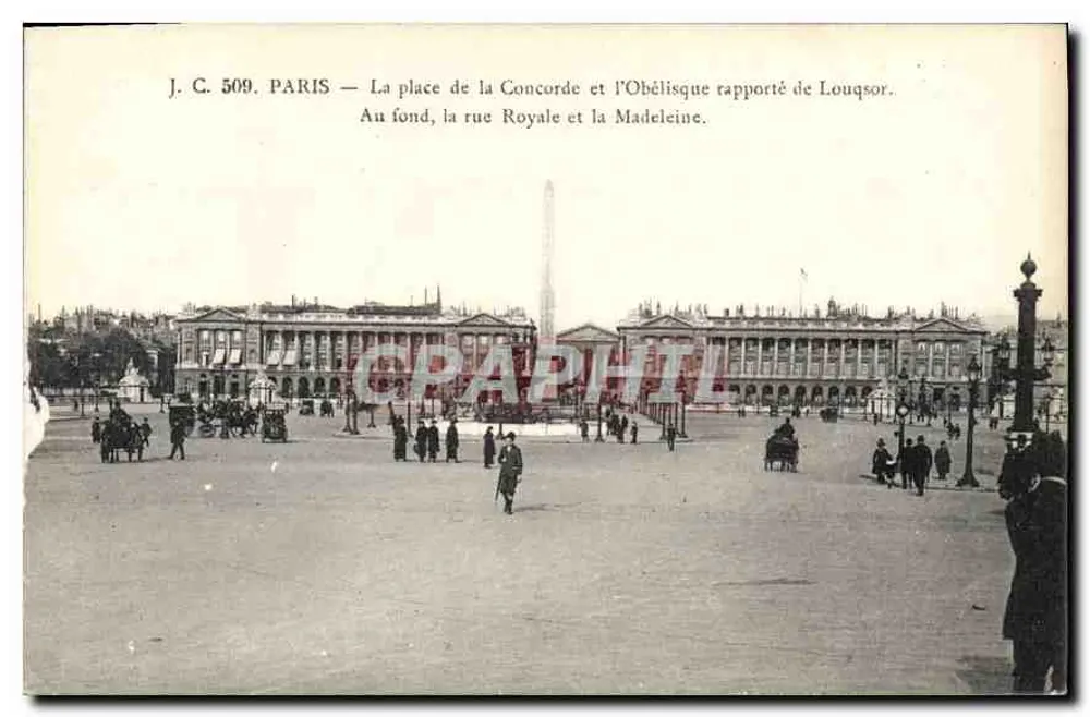 Paris — Die Place de la Concorde und der Obelisk aus Louqsor. Im Hintergrund die Rue Royale und die Madeleine. - Vorderseite