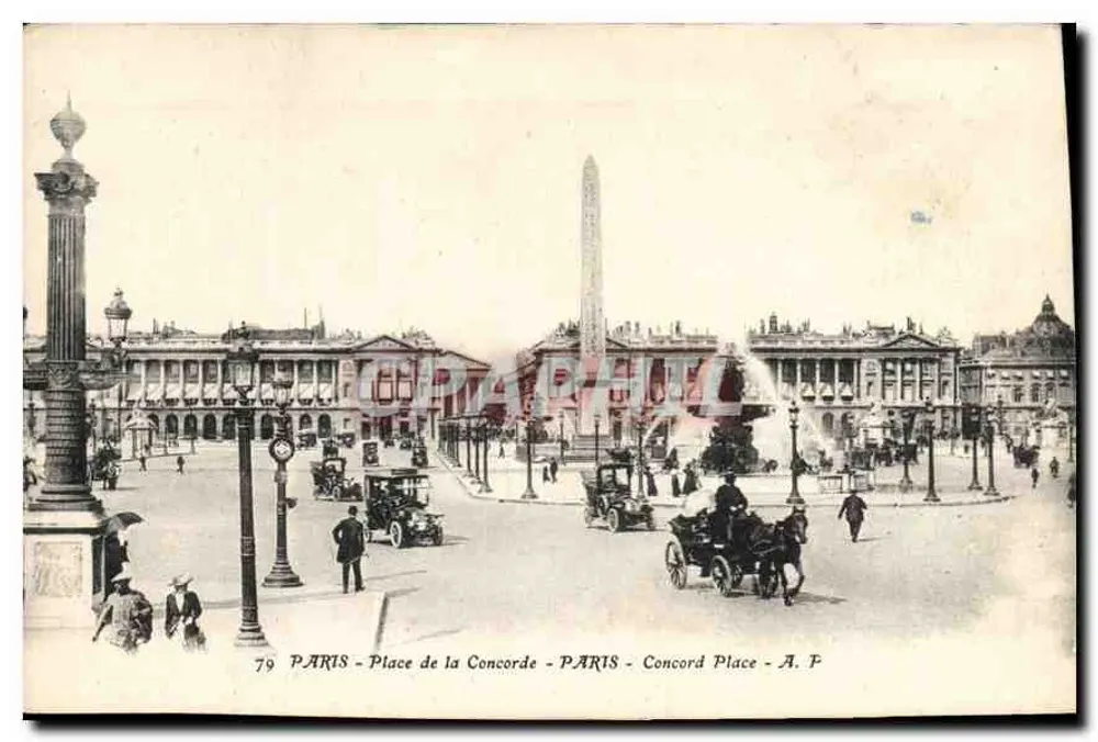 Paris - Place de la Concorde — vista panorâmica com obélisco e fonte — A. P. n°79 - Frente
