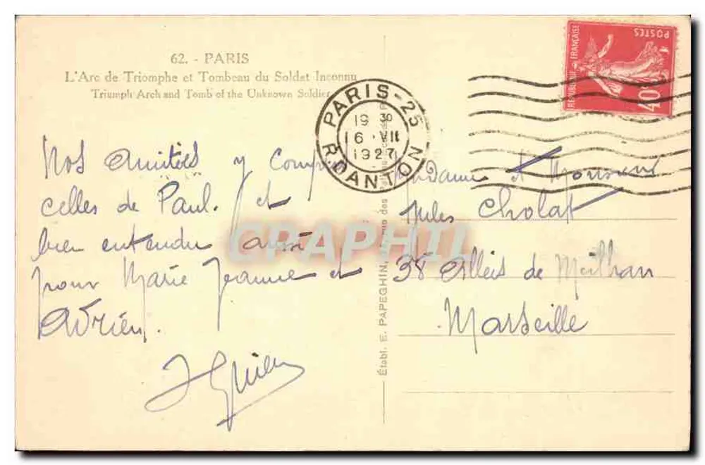 Arc de Triomphe — Paris — Verlag E. Papeghin, n° 62 - Rückseite