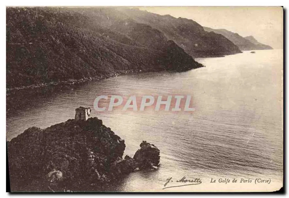 O Golfo de Porlo (Córsega) — vista do golfo com uma torre sobre rocha — J. Moretti - Frente