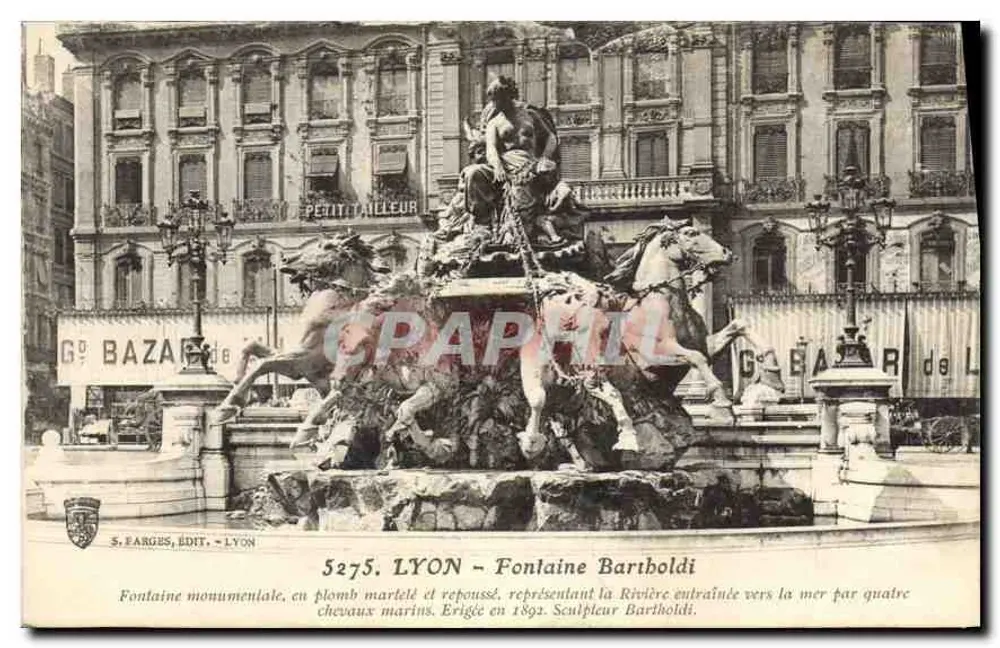 लियॉन - बार्थोल्डी के फॉन्टेन - टैपेड लेड के स्कल्प्चर मॉनूमेंटल, 1892 में बनाया गया - एस. फार्गेस, एडिट। - लियॉन, संख्या 5275 - आगे