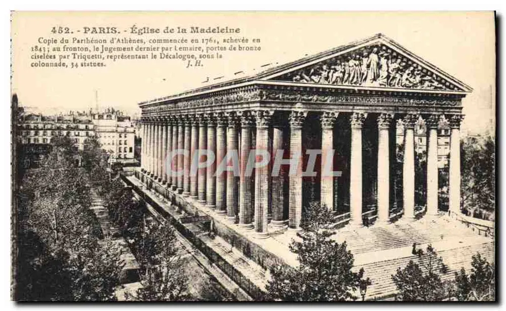 Parijs - Kerk van de Madeleine — Kopie van het Parthenon van Athene, begonnen in 1761, afgerond in 1843, fronton met het Laatste Oordeel van Lemaire, gesneden bronsdeuren van Triqueti, 34 beelden. J.H. - Voorkant