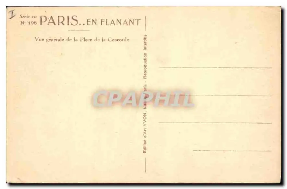 Platz der Concorde — Allgemeiner Blick — Kunstausgabe YVON, Paris, Serie 10 Nr. 195 - Rückseite