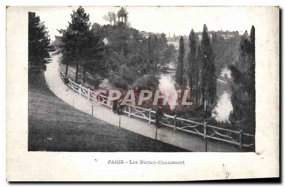 PARIS - Les Buttes-Chaumont — vista do parque com trilha e lago — editor não identificado - Frente