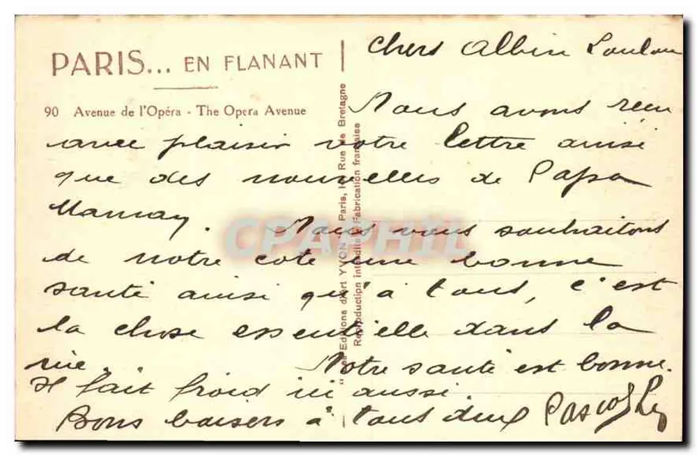 Paris — Avenida da Ópera — Éd. Yvon, n° 90 - Verso