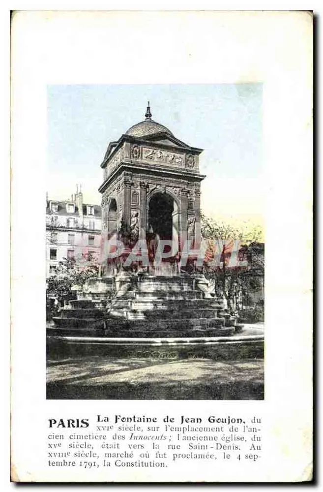 París — La Fuente de Jean Goujon, sobre el antiguo emplazamiento de la iglesia de los Inocentes — texto impreso - Anverso