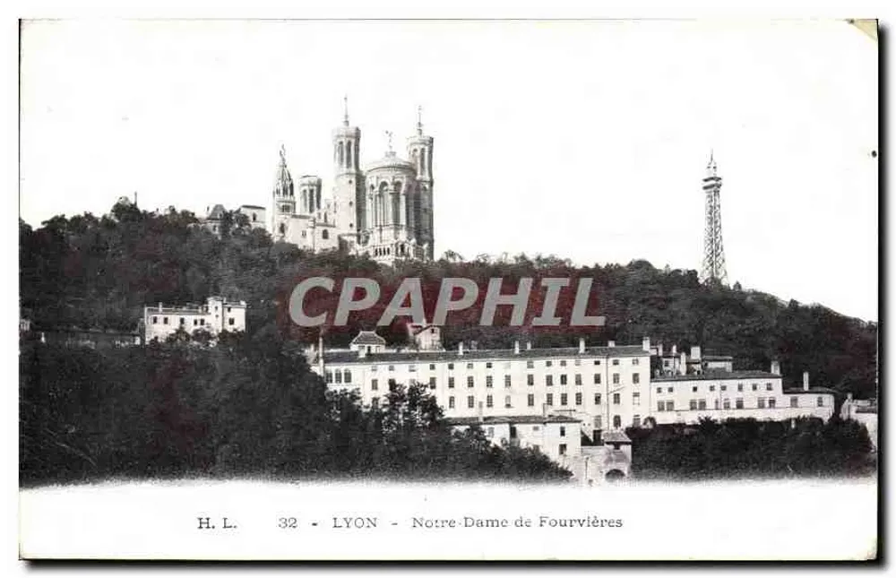 LYON - Najświętsza Maryja z Fourvières — widok panoramiczny z katedrą i metalową wieżą — H.L. n°32 - Awers