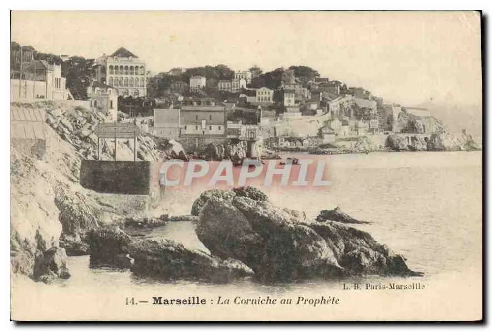 Marseille : La Corniche au Prophète — vue de la côte avec rochers et bâtiments sur colline, éditeur L.B. Paris-Marseille, n°14 - Frente
