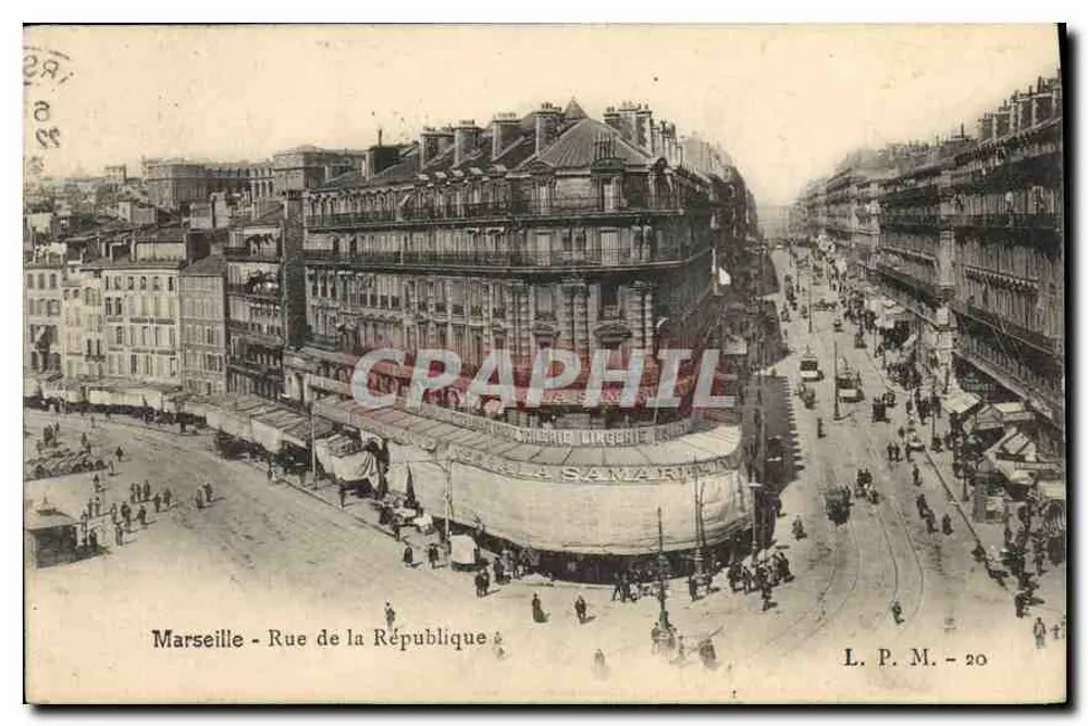 Marselha - Rue de la République — vista da rua com trem e loja Samaritaine — L. P. M. - 20 - Frente