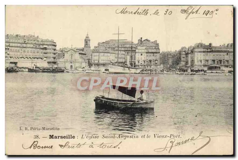 Marseille: Die Kirche Saint-Augustin und der alte Hafen — L. B. Paris-Marseille, Nr. 38 - Vorderseite