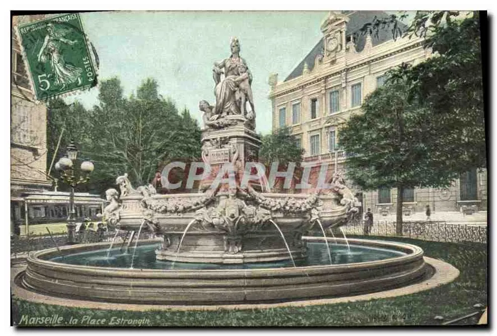 Marselha. A Praça Estrongin — Fonte monumental com estátua central — editor L. V. A. Cie - Frente