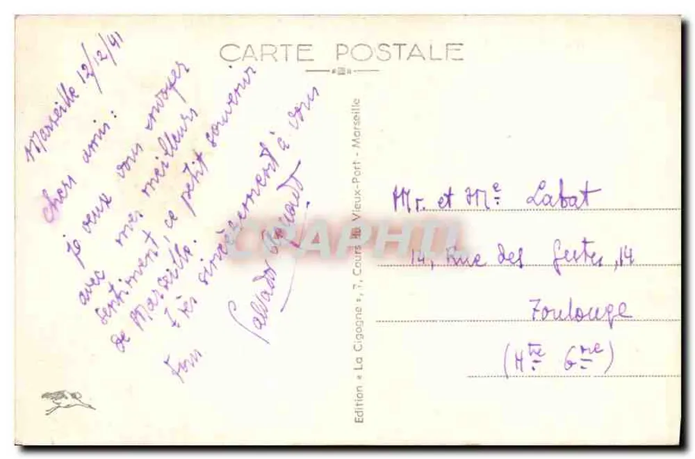 Marseille — A Corniche — Anse do Profeta — Edição La Cigogne, n°166 - Verso