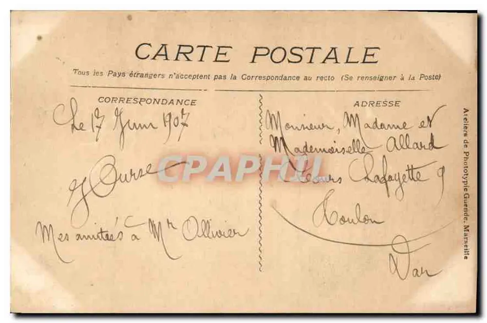 Marseille — La Corniche, Ance du Prophète — Atelier de Phototypie Guerande - Verso
