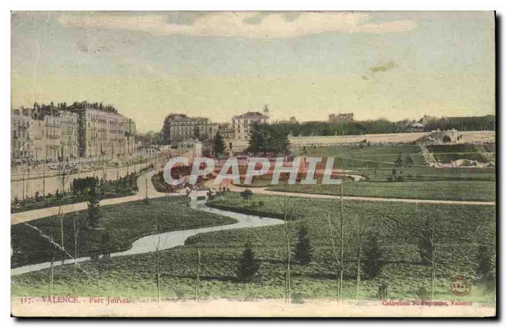 Valence - Parc Jouvet — vue panoramique avec étang et bâtiments, éditeur Collection De Bayroune, n° 317 - Frente